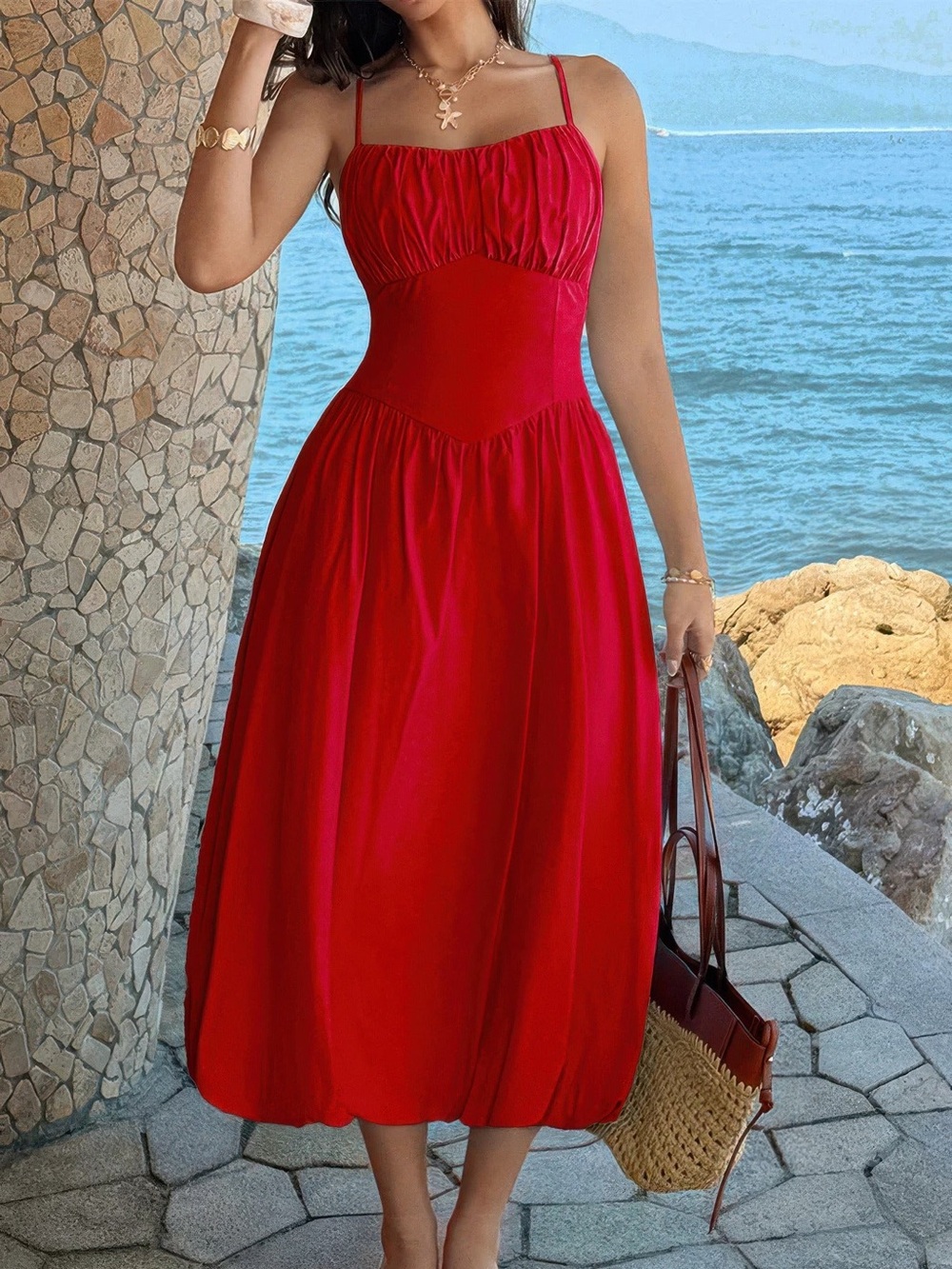 Solid Sleeveless Ruched Bust A Line Dress